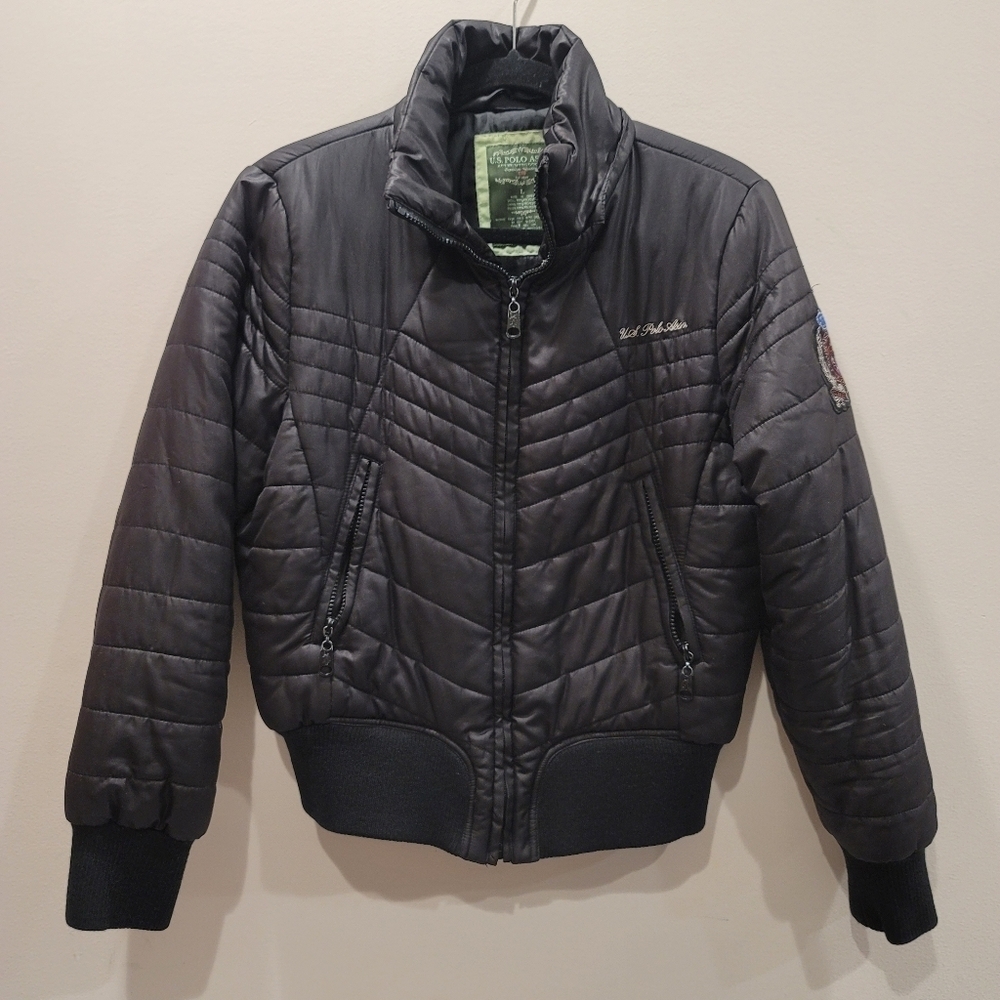 US Polo Association Black Quilted Puffer Bomber Jacket - L (Juniors)
